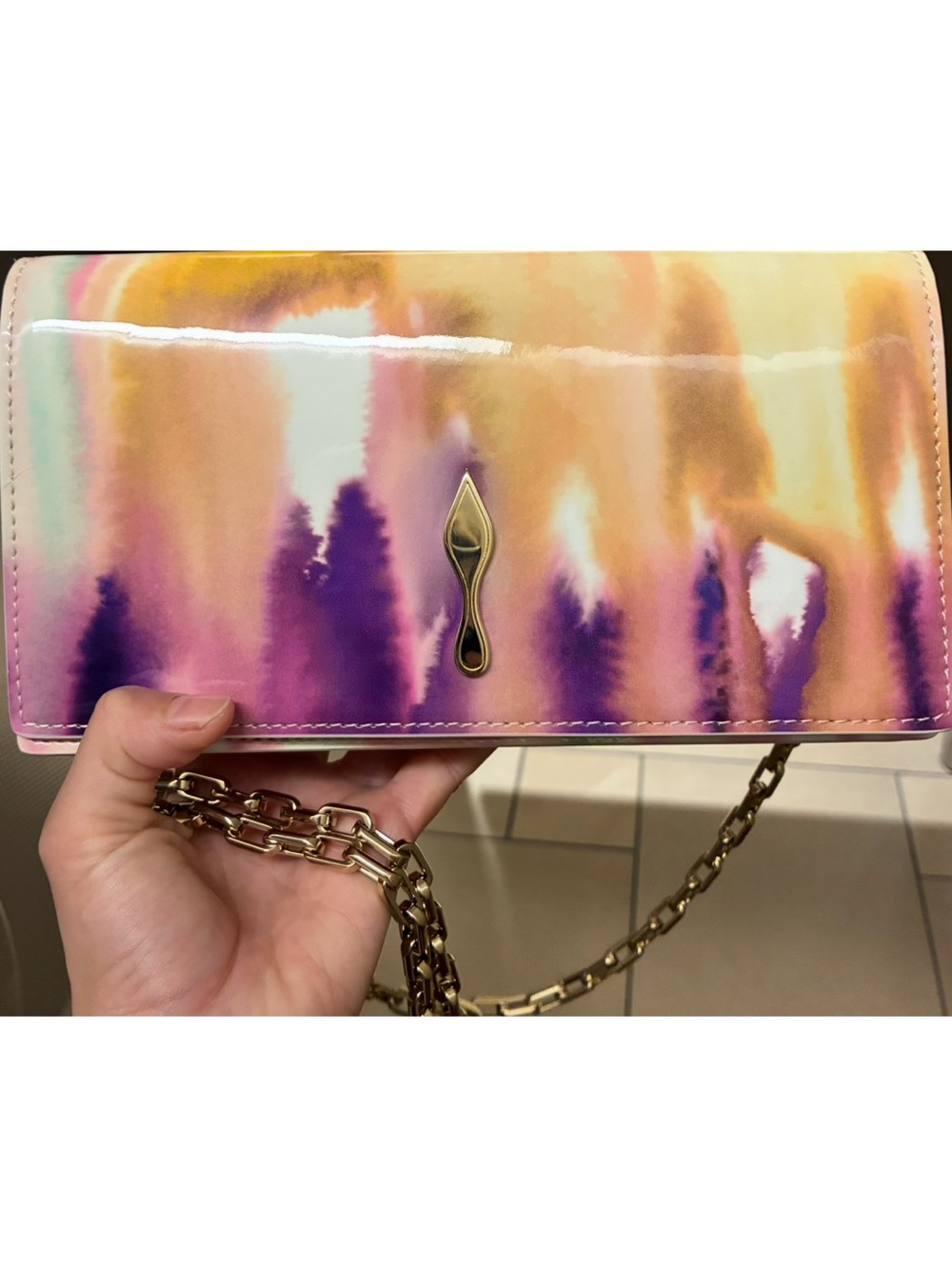 Christian Louboutin Bettina Patent Calfskin Tie Dye Clutch Multi Gold M 023 NWT
